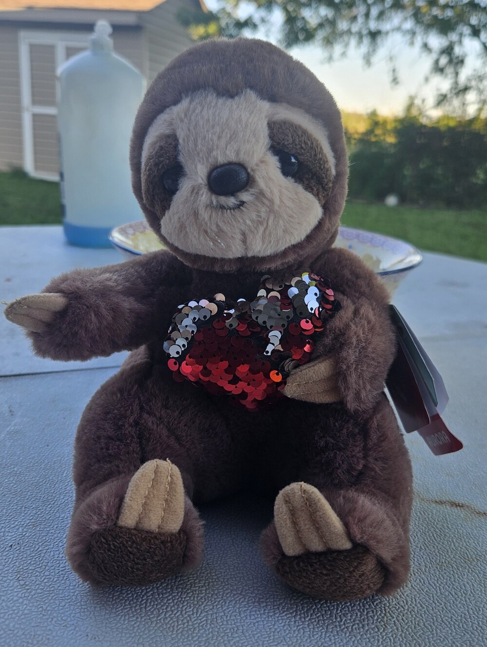 Plush Brown Sloth With Red Sequin Heart